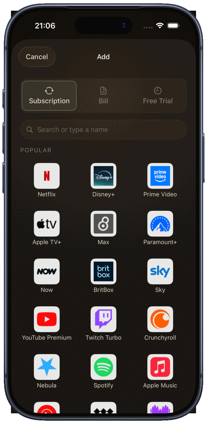 Subscurate Add flow showing the popular subscriptions grid with real branded icons: Netflix, Disney+, Prime Video, Apple TV+, Max, Paramount+, Now, BritBox, Sky, YouTube Premium, Twitch Turbo, Crunchyroll, Nebula, Spotify, Apple Music