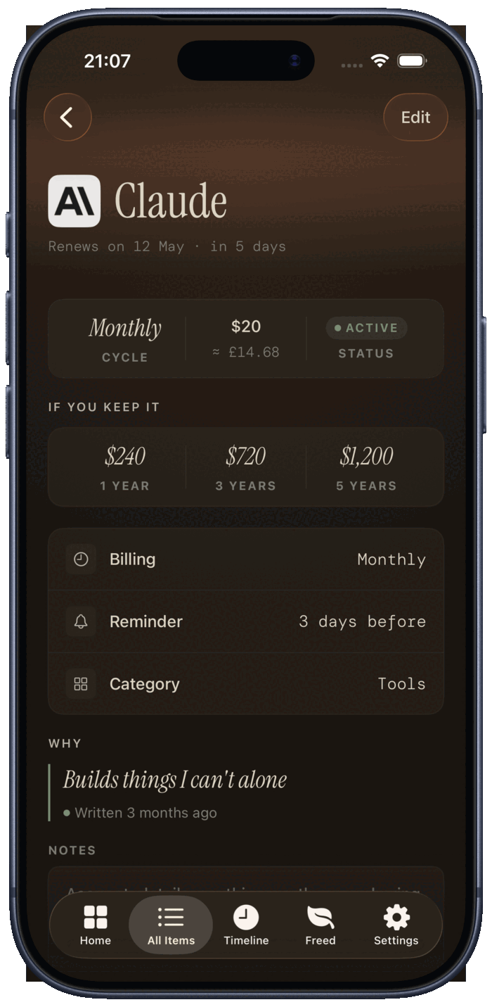 Subscurate Detail page for Claude showing the intention 'Builds things I can't alone' with one-, three-, and five-year cost projections in the subscription's native currency